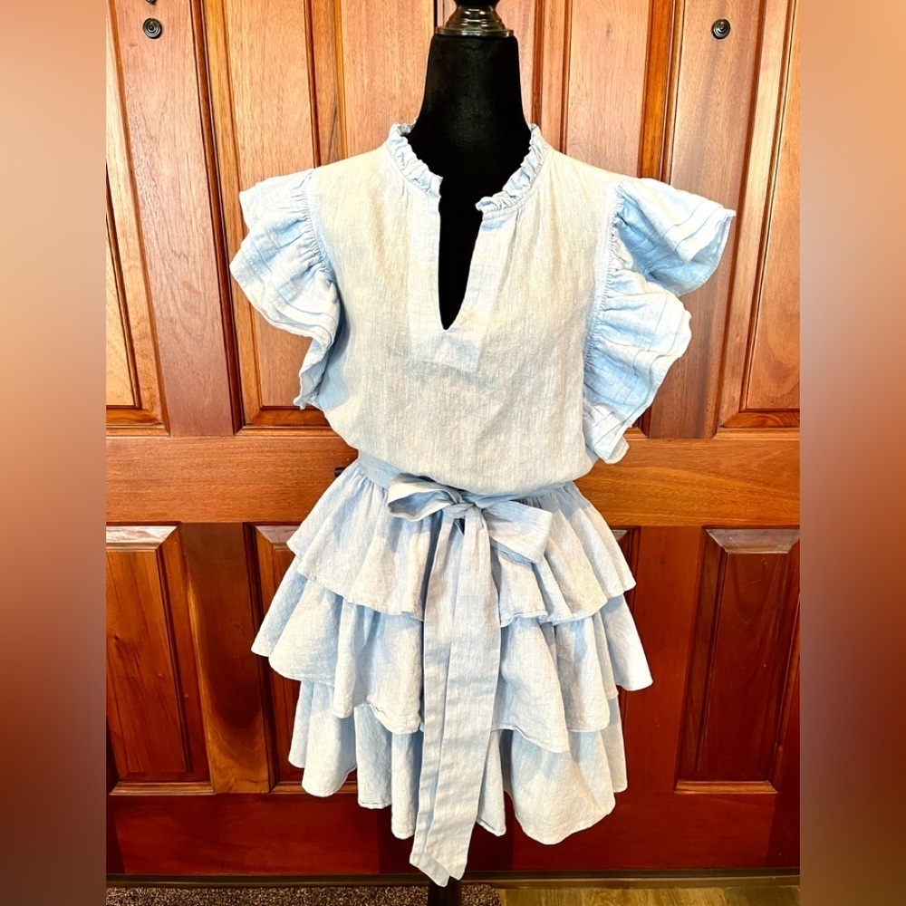 Willa Story linen blend Dress Blue VNeck Tiered Ruffle Flutter Sleeve Chambray M